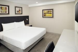 利堡天空之景汽车旅馆的卧室配有白色的床和书桌