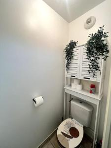 塞尔吉Cocon Eudenia - accès direct PARIS - 2 MIN RER - PARKING GRATUIT的一间带卫生间的浴室和植物架子