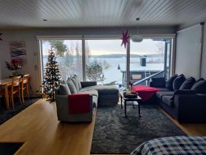 图尔库Cottage by the sea的客厅配有圣诞树和大窗户