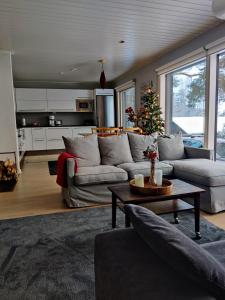 图尔库Cottage by the sea的带沙发和圣诞树的客厅