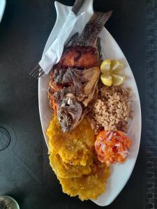 布兰卡滩Mi Cabañita Guest House的餐桌上一盘带肉和米饭的食物
