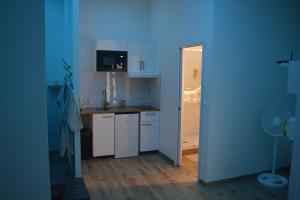 鲁昂Eaux Spa的厨房配有白色橱柜和蓝色的墙壁