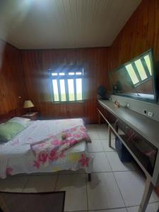 南圣弗朗西斯科Casa de Veraneio em São Francisco do Sul - Praia do Ervino的一间卧室配有一张床和一个带电视的梳妆台