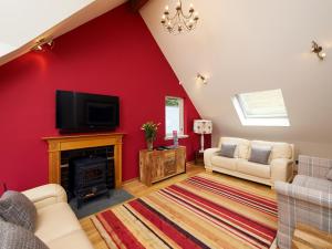 雷特芬莱Skye Fall的客厅设有红色的墙壁和壁炉