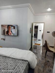 哈科特港UCLAS Gorgeous Apartment的卧室配有壁挂式平面电视。