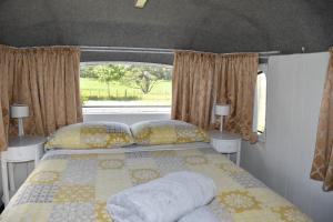 PuketonaEvi the school bus at Oromahoe Downs Farm的卧室配有带枕头的床铺和窗户。