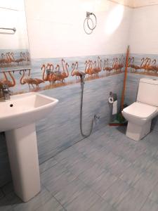 埃拉青村酒店的一间带水槽和卫生间的浴室以及一个带火烈鸟的墙壁。