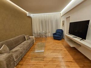 拉里萨Elektras Apartment στο κέντρο της Λάρισας με δωρεάν πάρκιγκ的带沙发和平面电视的客厅