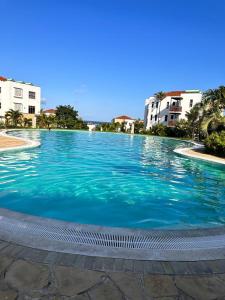 基利菲TAUSI HOMES Sultan Palace Beach Resort的蓝色的大池水,背景建筑