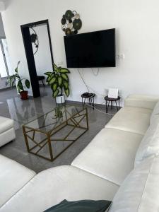 ÓrgãosVILLA NAYELI Luxury and Simplicity的客厅配有白色沙发和玻璃桌