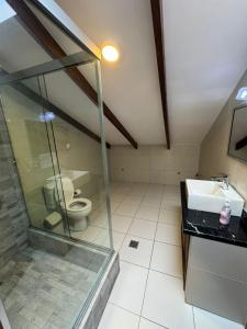 苏克雷Abis Terraza的一间带玻璃淋浴和卫生间的浴室