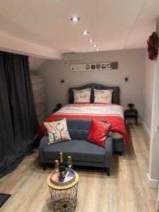 维尔雅尔姆Studio "Coeur du Lac"的一间卧室配有一张床和一张蓝色的沙发
