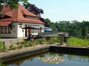 霍恩斯泰因Herberge Burg Hohnstein的院子里有百合花池的房子