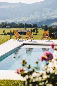 林格瑙Hotel Gasthof Wälderhof的两把草坪椅坐在游泳池旁