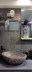 萨格勒布Apartman Maksimir Rebro Jordanovac Luka的一间带石制水槽和镜子的浴室