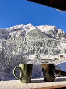 坎德施泰格Peacefull Mountains View的两个咖啡杯坐在窗台上,山地