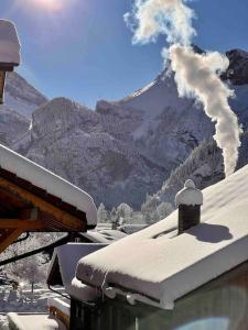 坎德施泰格Alpine Chalet的山屋,屋顶上积雪