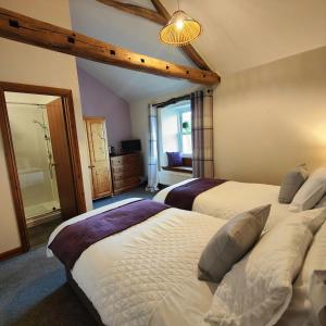 PenruddockThe Herdwick Inn的一间卧室设有两张床和大窗户