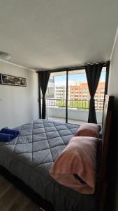 圣地亚哥Depto nuevo en republica cercano al movistar arena的一间卧室设有一张床和一个大窗户