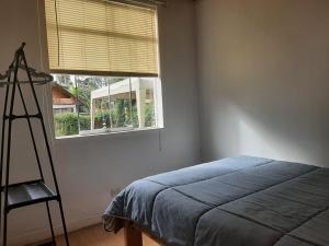 奥克萨潘帕Cabañitas Shollet的一间卧室设有蓝色的床和窗户。