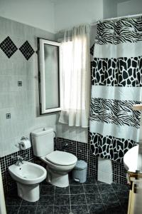 拉里萨Nikis apartment的一间带卫生间和淋浴帘的浴室