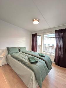 奥斯陆Luxurable super central 3 BR apt for a family of 6 in Oslo的一间卧室配有一张带绿色床单的床和一扇窗户。