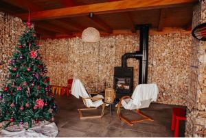 KerekiBikeaway Guesthouse的客厅配有圣诞树和壁炉