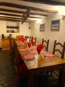 班斯科Chalet Jora - Total Chalets的一张长木桌子,上面有红色的鲜花