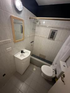 圣卡洛斯-德巴里洛切Casa con pileta climatizada privada的一间带卫生间、水槽和镜子的浴室