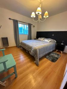 圣卡洛斯-德巴里洛切Casa con pileta climatizada privada的一间卧室配有一张床,铺有木地板