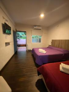 科隆Hotel Cristobal de Colón的客房设有两张带紫色床单的床和窗户。