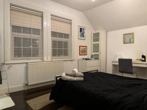 伦敦Luxury Cottage Room的一间卧室配有一张床、一张书桌和两个窗户。