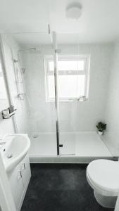 克利索普斯Sandy Shores Holiday Home的带淋浴、卫生间和盥洗盆的浴室