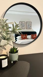 哈特菲尔德Superb & Stylish - Free Parking - Gated Community的卧室里的镜子,有床和植物