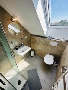 Sezemice巴伐利亚庭院餐厅旅馆的一间带水槽和卫生间的浴室以及窗户。