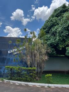 阿拉萨图巴Espacial Motel的一座楼前有棕榈树的墙