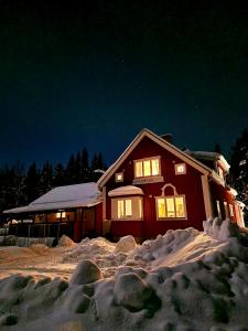SörsjönStationshuset Dalarna Apartments的夜晚在雪中点亮的房子
