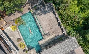 德格拉朗Kawi Resort A Pramana Experience的游泳池的顶部景色,里面的人
