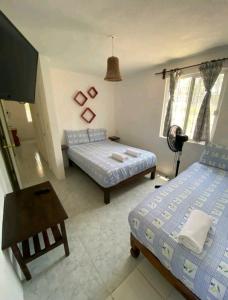 锡瓦塔塔内霍Casa de las Palmas的一间卧室配有两张床、一张桌子和一台电视。