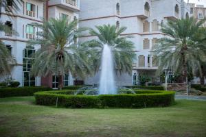 马斯喀特马斯喀特绿洲住处酒店的棕榈树建筑前的喷泉