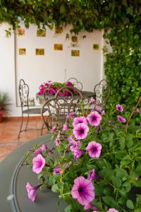 希耶萨Casa de La Campana的天井上配有带粉红色鲜花的桌椅