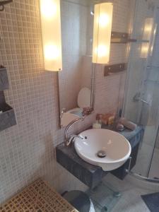卡利斯托斯Aris Apt的一间带水槽、淋浴和卫生间的浴室