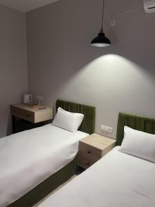 奇姆肯特BnB Hotel Shymkent的配有2张床的带白色床单和灯的客房