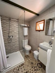 克雷维连特拉斯棕榈露营酒店的带淋浴、卫生间和盥洗盆的浴室
