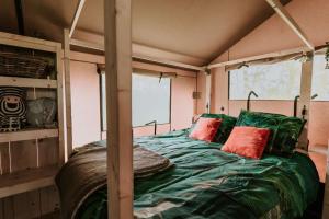 DelfstrahuizenKampari的一间卧室配有带绿色床单和红色枕头的床
