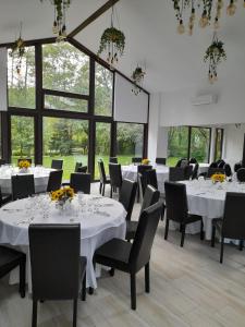 VaideeniMoara Viselor的一间设有白色桌椅和窗户的用餐室