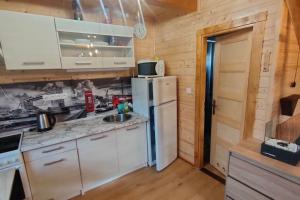 塞米利Tiny Treperka的厨房配有白色橱柜和冰箱。