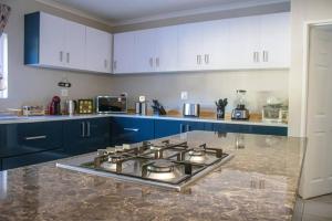 克龙斯塔德House Musantwi的厨房配有蓝色橱柜和炉灶烤箱。