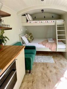 UplymeCosy Shepherds Hut Lyme Regis的客房设有双层床和绿色沙发。