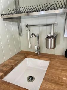 UplymeCosy Shepherds Hut Lyme Regis的厨房内的厨房水槽配有水龙头